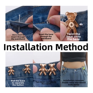 Detailed steps showing installation of bear metal waist buckles for denim jeans adjustment
