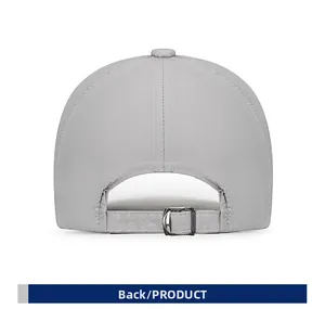 Back view of gray quick-dry baseball cap featuring an adjustable silver metal buckle strap