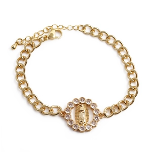 Adjustable gold plated chain bracelet with Virgin Mary medallion and zircon inlays
