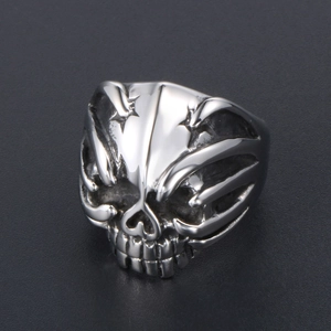 Punk vintage skull ring in matte silver cast steel for men with gothic biker style details
