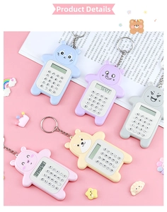 Detail showing five pastel colors of the mini bear-shaped portable 8-digit calculator