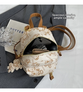 Vue intérieure du mini sac à dos beige avec motif ours montrant le rangement du téléphone