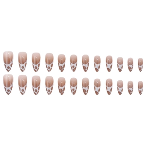 24pcs long almond press-on nails with nude brown gradient and white bubble wave pattern