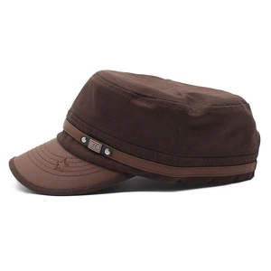 Detailed view of brown flat top army cap featuring star stitching and metal fashion plaque