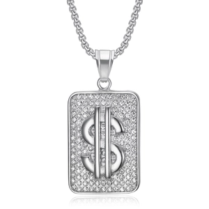 Hip hop silver dollar sign pendant necklace with iced out crystals on bead chain