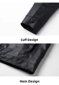Detailed macro view of black leather jacket cuffs with snaps and fine double-stitched hem
