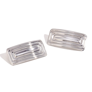 Minimalist silver rectangular earrings with geometric groove texture in stainless steel