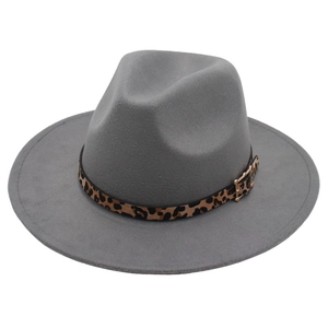 Classic dark grey wool fedora hat featuring a leopard print band and golden buckle