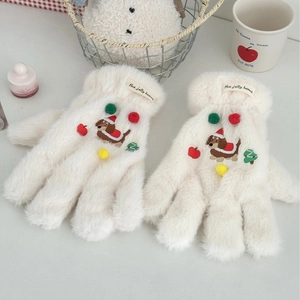 Gants En Peluche D'Hiver Fausse Fourrure Chauds Coupe-Vent Noël Teckel Ours Broderie Pompons Avec Cordon Femmes Hommes