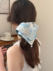 Starry sky tie-dye hair scarf tied in a ponytail featuring decorative pearl accents