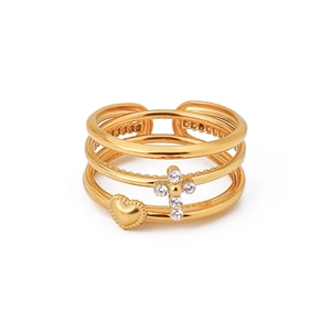 Layered gold stainless steel ring with dangling heart and rhinestone cross charms