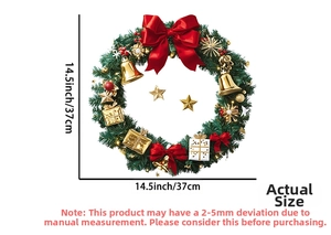 Christmas wreath with red bow and gold bells showing dimensions of 14.5 inches or 37 cm
