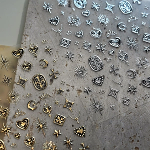 3D embossed nail art stickers featuring gold and silver vintage heart and star moon patterns