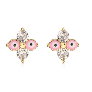Detail of gold geometric cross earrings featuring pink evil eye enamel and cubic zirconia