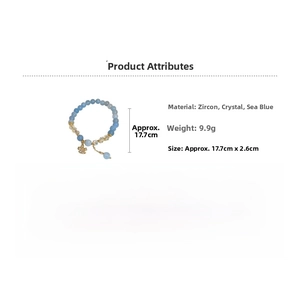 Détail du bracelet en perles de cristal bleu et zircon avec trèfle, taille 17,7 cm