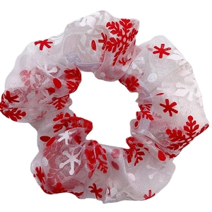White mesh Christmas scrunchie with red snowflake patterns for high ponytail styles