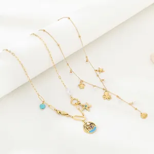 Ocean Theme Stainless Steel Necklace With Faux Artificial Pearl Seahorse Starfish Turtle Pendants Summer Beach Jewelry For Women