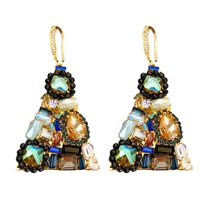 Vintage gold triangle earrings with colorful cubic zirconia and vibrant gemstones