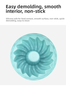 Close-up of light blue spiral silicone muffin mold with smooth inner wall for baking