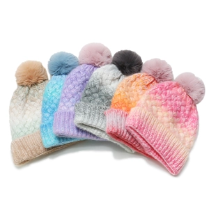 Winter Knitted Beanie Hat Acrylic Gradient Tie Dye With Faux Fur Pom Pom Warm Thick Ribbed Cuff Casual Fashion