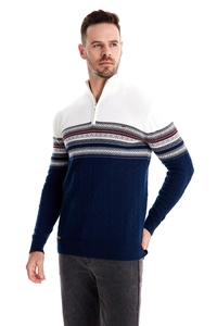 Detail of navy and white color-block sweater featuring a festive Fair Isle snowflake pattern