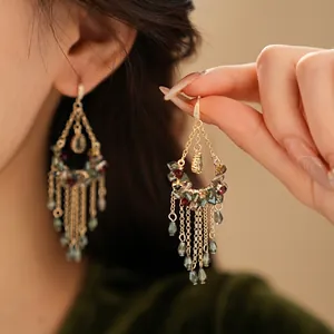 Zircon flower pearl tassel earrings with gold chain and colorful crystal charms