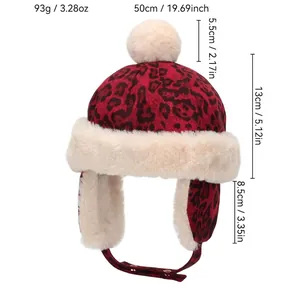 Chapeau d'hiver pour enfants léopard rouge avec bordure en fourrure et pompon