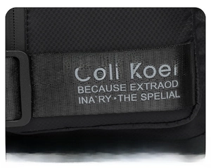 Detail of durable nylon shoulder strap with Celi Koel branding on a black crossbody bag