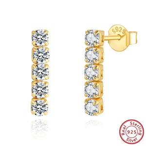 Vertical S925 sterling silver bar earrings with white zircon stones in 18K gold finish