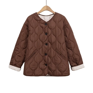 Brown quilted jacket for women featuring a crew neck and loose fit warm cotton padding