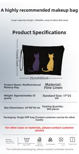 Detail of cute cat print cosmetic bag with dimensions 17x25cm and zipper closure