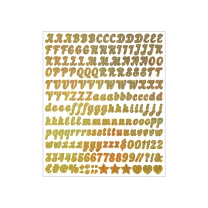 Detailed macro view of 0.5-inch gold glitter alphabet and numeric stickers on white background