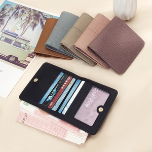Women Short Wallet Genuine Cowhide Leather RFID Blocking Ultra Thin Multi Card Slots Litchi Texture Snap Button Purse