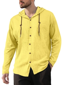 Detail of yellow cotton linen hooded shirt showing button closure and drawstring texture