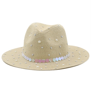 Beige straw Panama hat with white pearls and iridescent sequin band for sun protection