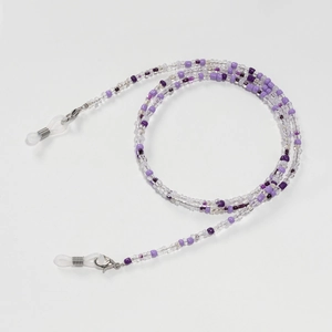 Detail of purple and clear beaded eyeglass chain with silver lobster clasps and loops