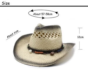 Hollow straw cowboy hat detail with color beads and 8cm wide brim dimensions
