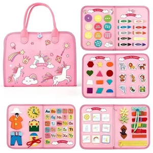 Pink unicorn felt busy board for toddlers with learning modules and motor skills training