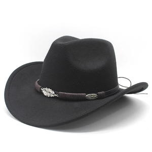 Classic black wool felt cowboy hat with braided brown band and silver leaf metal accessory