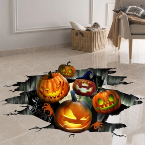 3D cracked ground sticker with glowing Halloween pumpkin lanterns for spooky floor decor