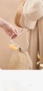 Detail of white non-slip S-shaped metal hooks for hanging baseball caps and handbags