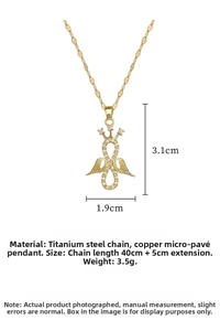 Detail view of gold infinity angel wing pendant with white zircon and chain dimensions