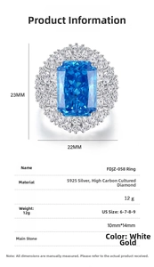 Detailed product size chart for S925 sterling silver emerald ring with dimensions