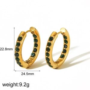 18k gold plated stainless steel hoop earrings with green zircon stones for women