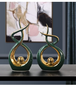 Modern abstract ceramic sculptures in emerald green and gold finish for shelf decor