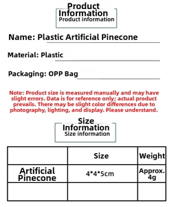 Size chart showing 4x4x5cm dimensions and weight for plastic artificial pine cone
