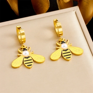 Fashion Bee Hoop Earrings Gold Plated Stainless Steel Enamel Insect Animal Pendant Jewelry For Women