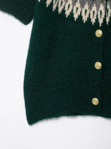 Detail of dark green knit cardigan featuring Fair Isle jacquard and vintage gold buttons
