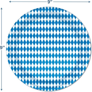 9-inch Oktoberfest disposable paper plate with blue and white Bavarian diamond pattern