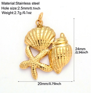 Detail of golden stainless steel shell and starfish pendant with dimensions and weight
